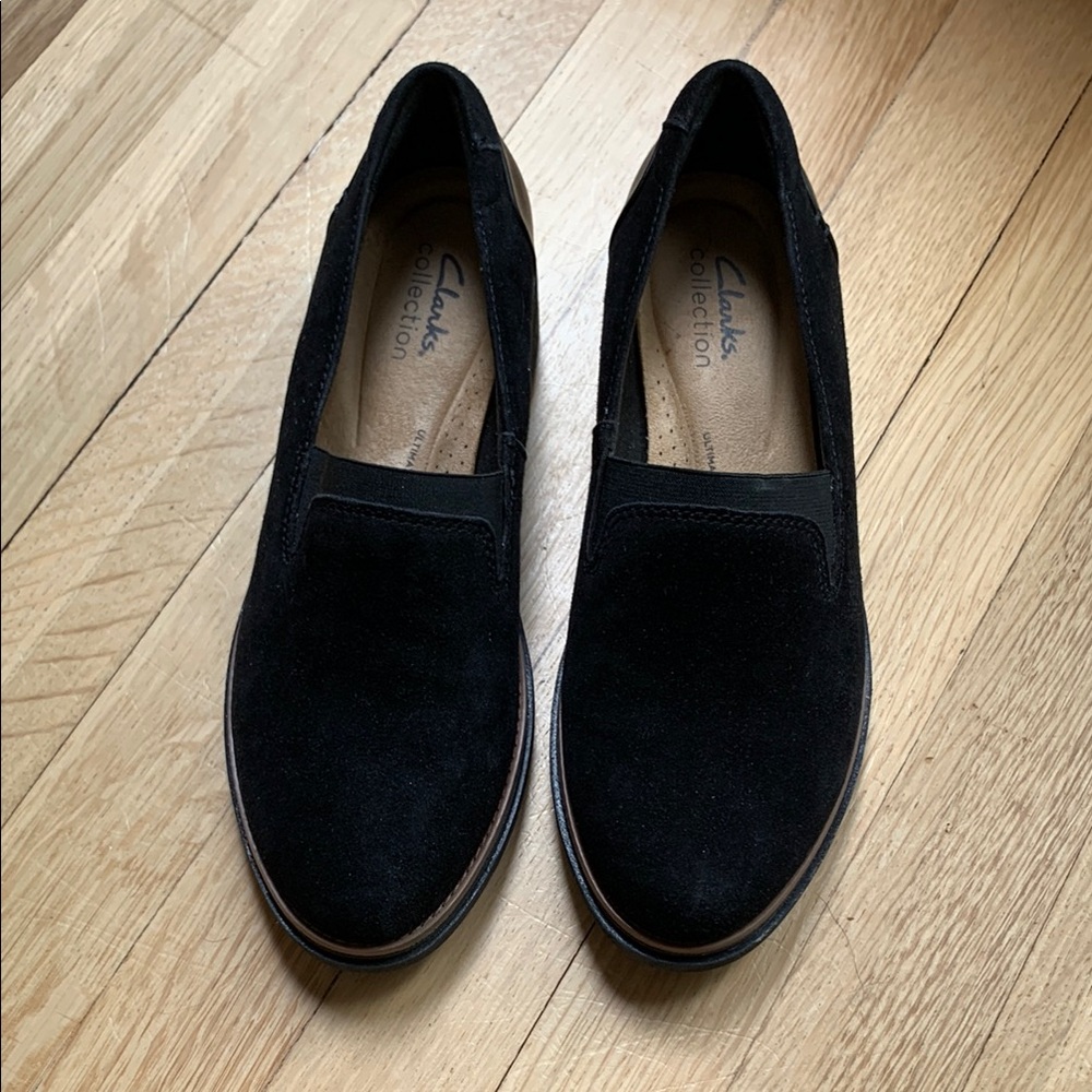 Clarks Black Suede Slip-On Loafers. NEW, but no box.